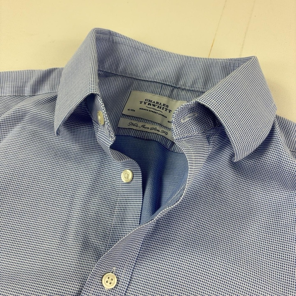 Charles Tyrwhitt Shirt Mens 16 Blue Check Non Iron Slim Fit Long Sleeve